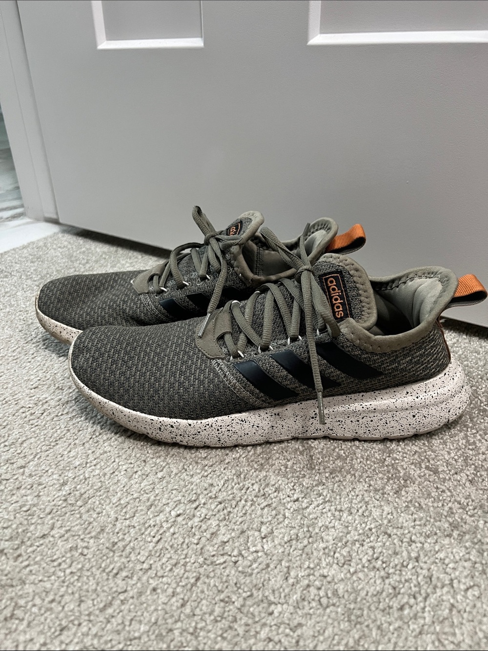 adidas Men’s Olive Green Knit Sneakers with Black Stripes and Orange Pull Tabs